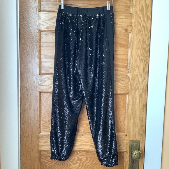 TOPSHOP Black Sequin Tuxedo Stripe Relaxed Trousers Size 4 - Picture 3 of 14